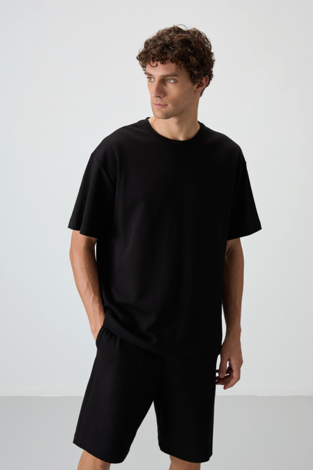 Siyah Pamuklu Kalın Yumuşak Dokulu Oversize Fit Basic Erkek Şort Takım - 85249 - 3