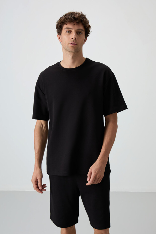 Siyah Pamuklu Kalın Yumuşak Dokulu Oversize Fit Basic Erkek Şort Takım - 85249 - 6