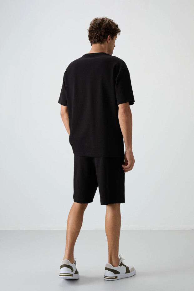 Siyah Pamuklu Kalın Yumuşak Dokulu Oversize Fit Basic Erkek Şort Takım - 85249 - 8