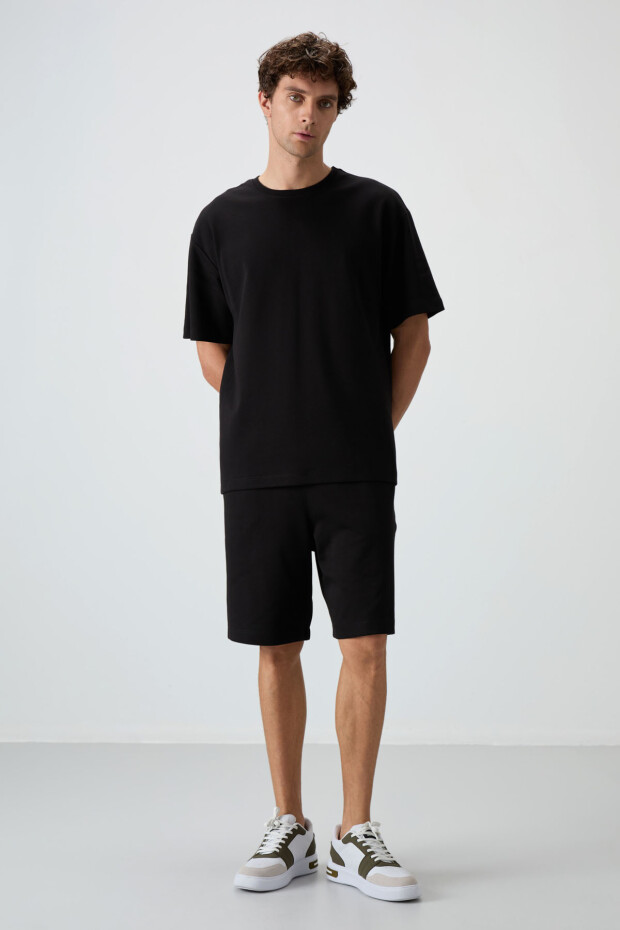 Siyah Pamuklu Kalın Yumuşak Dokulu Oversize Fit Basic Erkek Şort Takım - 85249 - 7