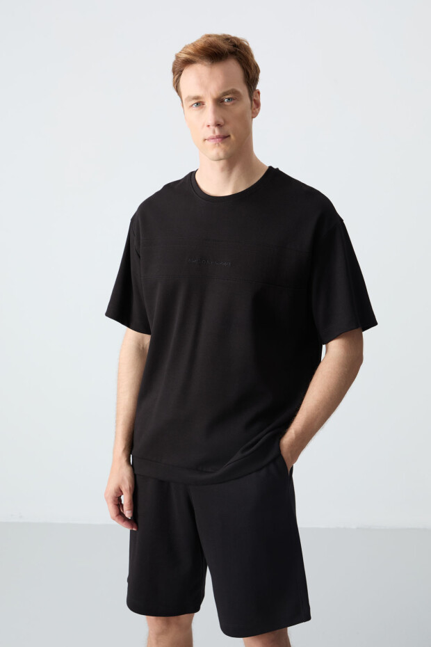 Siyah Pamuklu Kalın Yumuşak Dokulu Oversize Fit Basic Erkek Şort Takım - 85257 - 3
