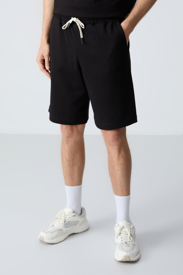 Siyah Pamuklu Kalın Yumuşak Dokulu Oversize Fit Basic Erkek Şort Takım - 85257 - 2