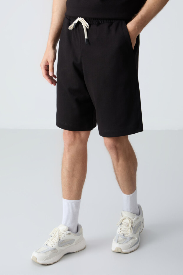 Siyah Pamuklu Kalın Yumuşak Dokulu Oversize Fit Basic Erkek Şort Takım - 85257 - 5