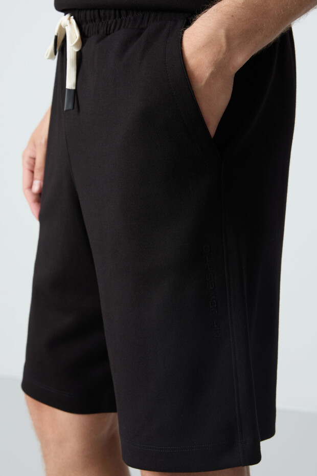Siyah Pamuklu Kalın Yumuşak Dokulu Oversize Fit Basic Erkek Şort Takım - 85257 - 6