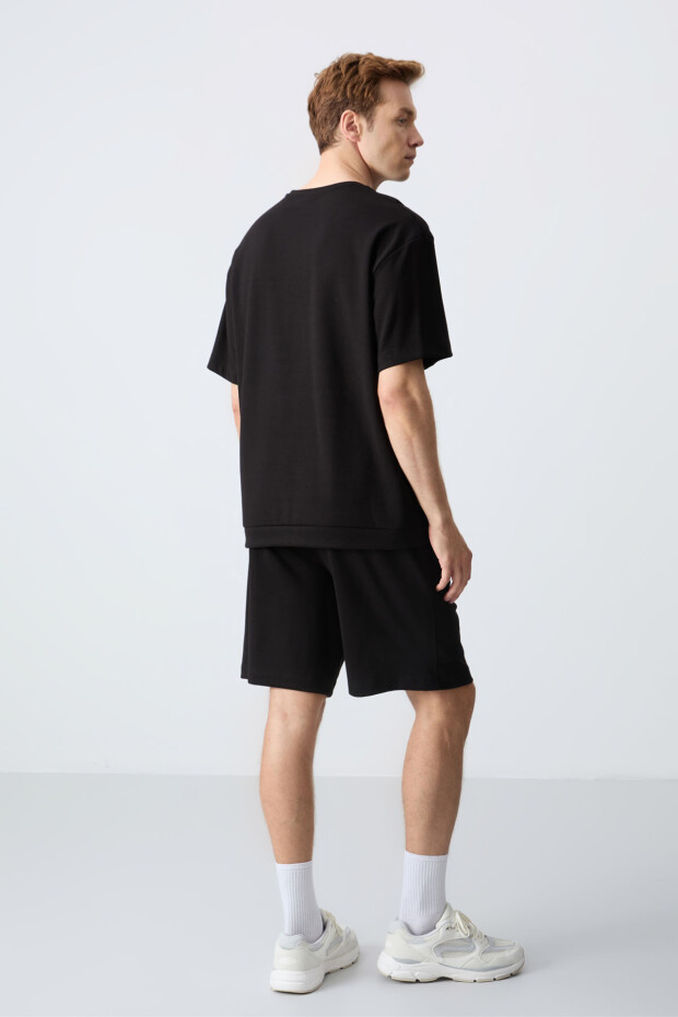 Siyah Pamuklu Kalın Yumuşak Dokulu Oversize Fit Basic Erkek Şort Takım - 85257 - 8