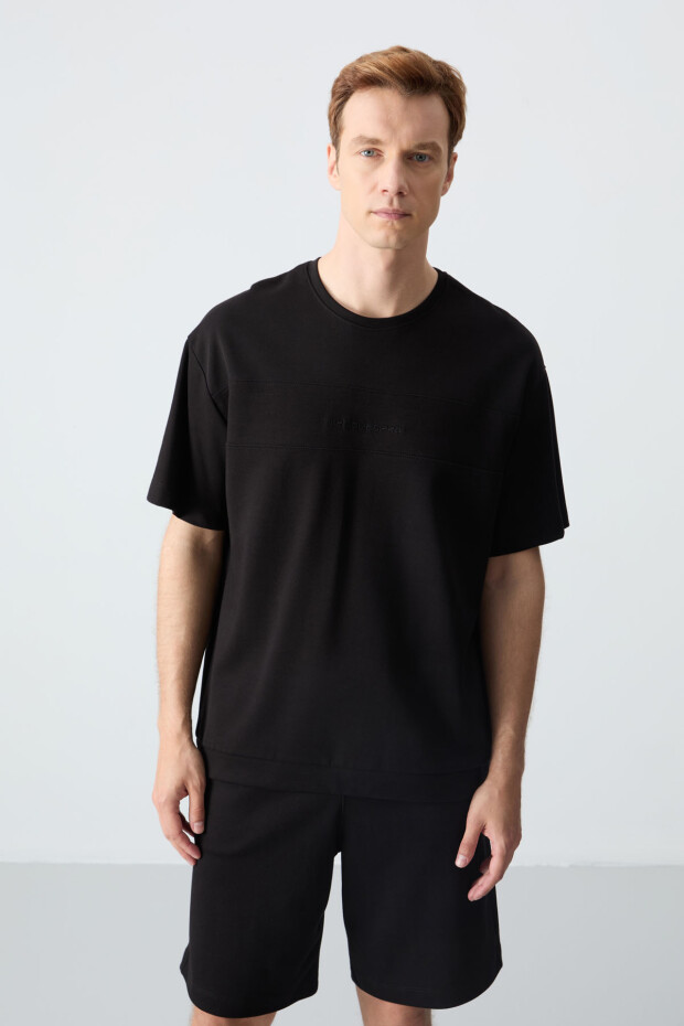 Siyah Pamuklu Kalın Yumuşak Dokulu Oversize Fit Basic Erkek Şort Takım - 85257 - 7