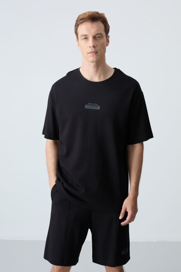 Siyah Pamuklu Kalın Yumuşak Dokulu Oversize Fit Basic Erkek Şort Takım - 85259 - 2