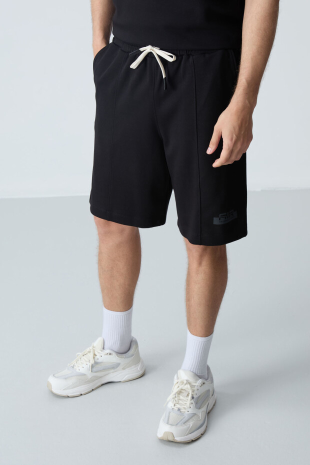 Siyah Pamuklu Kalın Yumuşak Dokulu Oversize Fit Basic Erkek Şort Takım - 85259 - 4