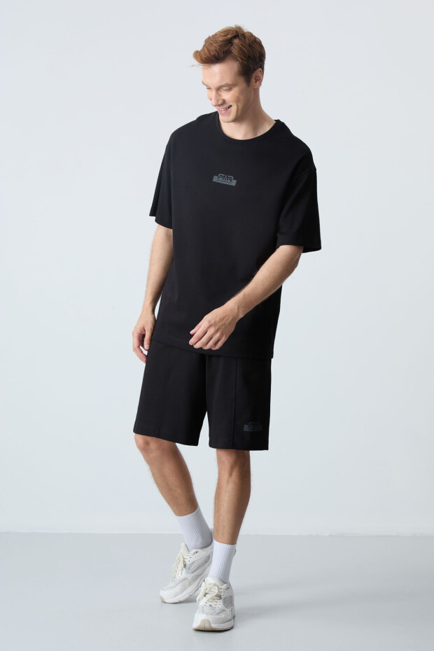 Siyah Pamuklu Kalın Yumuşak Dokulu Oversize Fit Basic Erkek Şort Takım - 85259 - 1