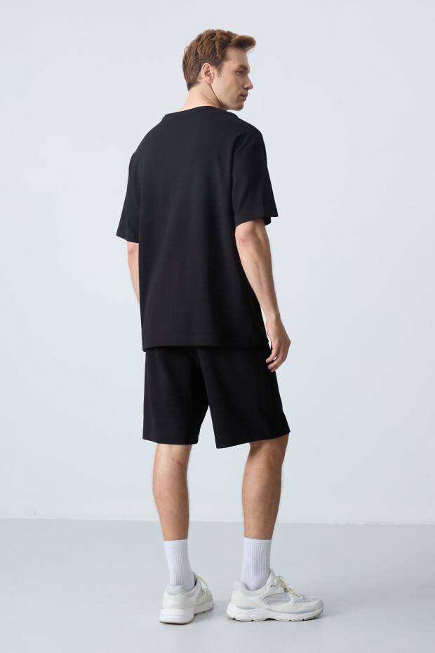 Siyah Pamuklu Kalın Yumuşak Dokulu Oversize Fit Basic Erkek Şort Takım - 85259 - 8