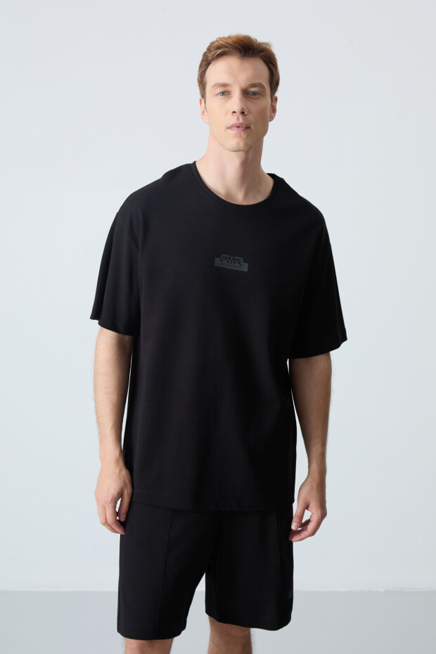 Siyah Pamuklu Kalın Yumuşak Dokulu Oversize Fit Basic Erkek Şort Takım - 85259 - 7