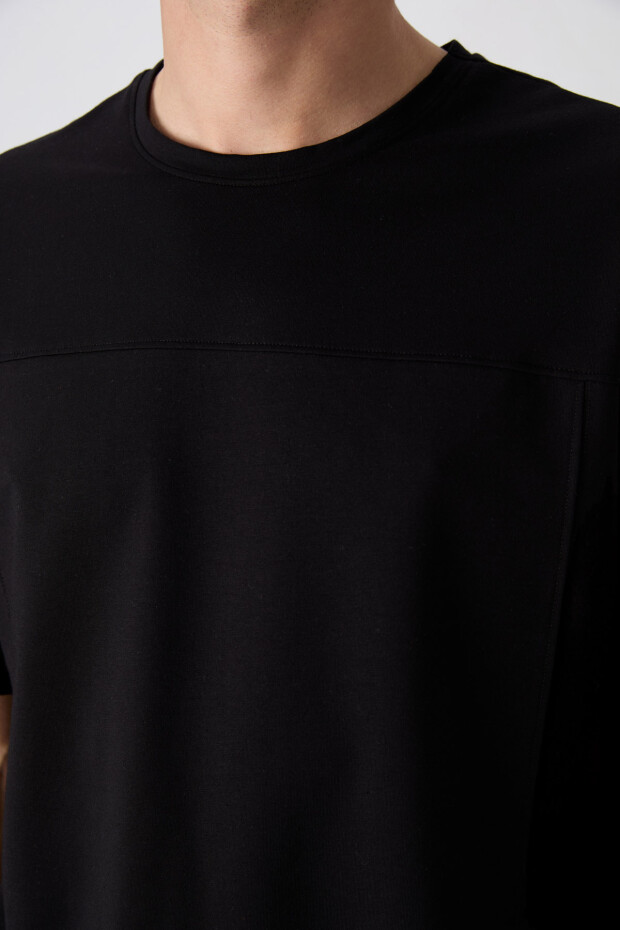 Siyah Pamuklu Kalın Yumuşak Dokulu Oversize Fit Basic Erkek T-Shirt - 88349 - 4