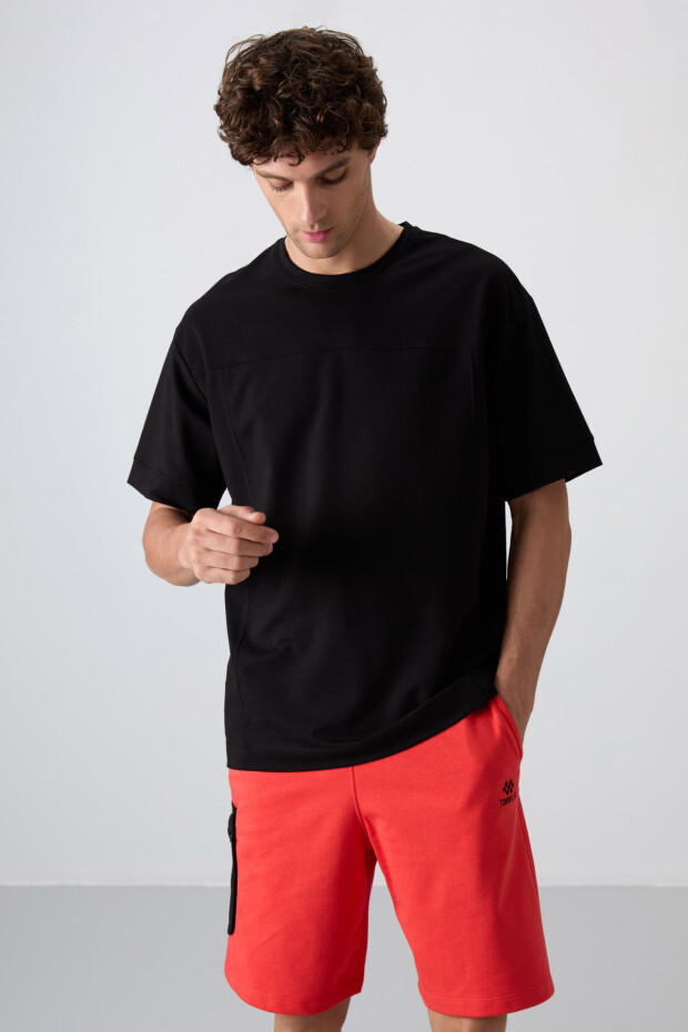 Siyah Pamuklu Kalın Yumuşak Dokulu Oversize Fit Basic Erkek T-Shirt - 88349 - 5