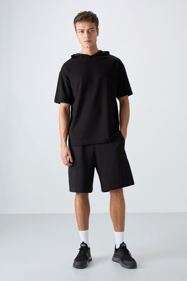 Siyah Pamuklu Kalın Yumuşak Dokulu Oversize Fit Basic Erkek T-Shirt - 88352 - 2