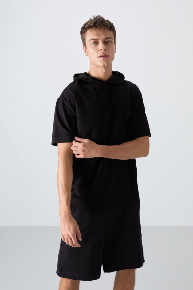 Siyah Pamuklu Kalın Yumuşak Dokulu Oversize Fit Basic Erkek T-Shirt - 88352 - 1