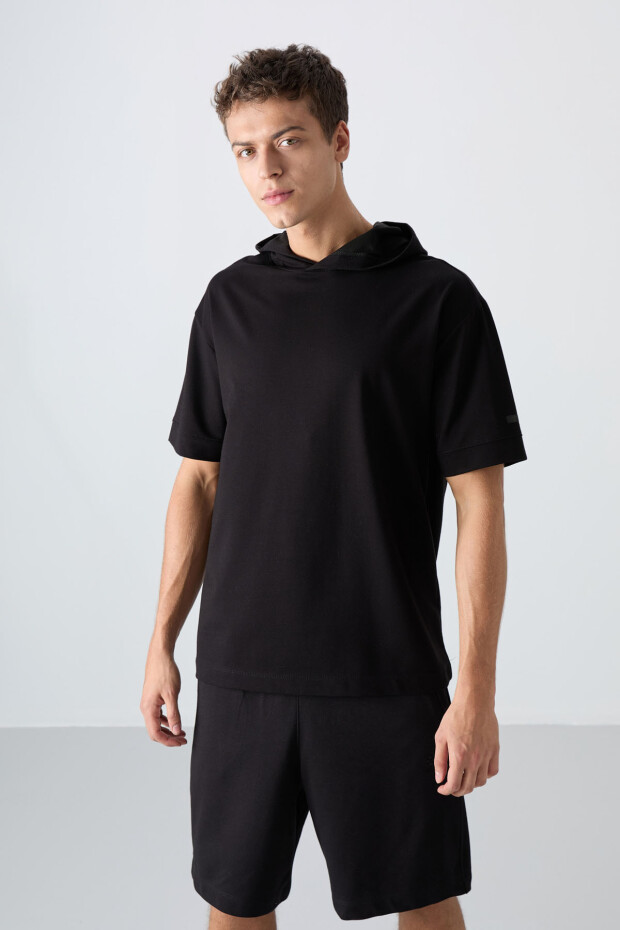 Siyah Pamuklu Kalın Yumuşak Dokulu Oversize Fit Basic Erkek T-Shirt - 88352 - 4