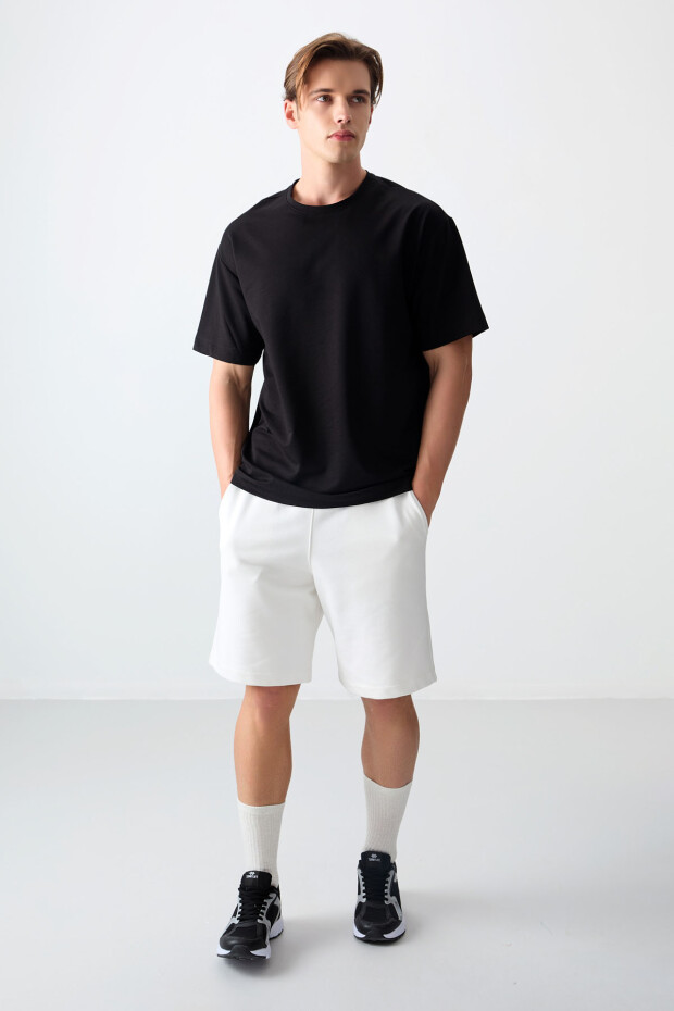 Siyah Pamuklu Kalın Yumuşak Dokulu Oversize Fit Basic Erkek T-Shirt - 88377 - 3