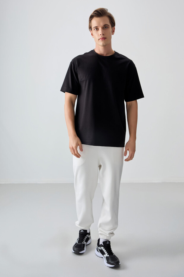 Siyah Pamuklu Kalın Yumuşak Dokulu Oversize Fit Basic Erkek T-Shirt - 88378 - 3