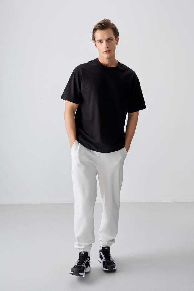 Siyah Pamuklu Kalın Yumuşak Dokulu Oversize Fit Basic Erkek T-Shirt - 88378 - 4