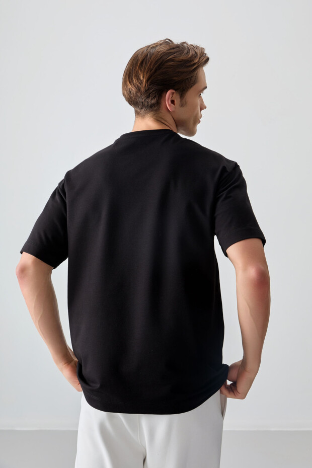 Siyah Pamuklu Kalın Yumuşak Dokulu Oversize Fit Basic Erkek T-Shirt - 88378 - 5