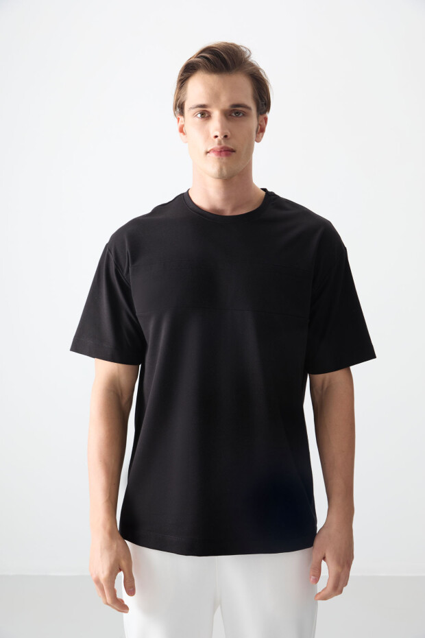 Siyah Pamuklu Kalın Yumuşak Dokulu Oversize Fit Basic Erkek T-Shirt - 88378 - 2