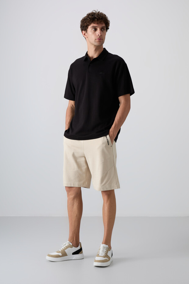 Siyah Pamuklu Kalın Yumuşak Dokulu Oversize Fit Basic Polo Yaka Erkek T-Shirt - 88327 - 2