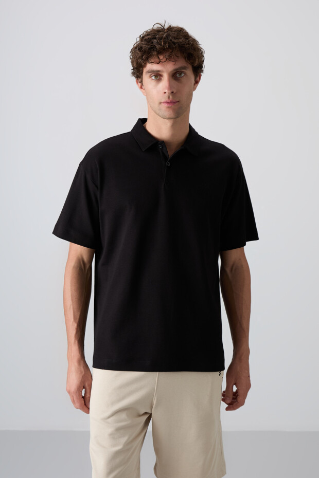 Siyah Pamuklu Kalın Yumuşak Dokulu Oversize Fit Basic Polo Yaka Erkek T-Shirt - 88327 - 1