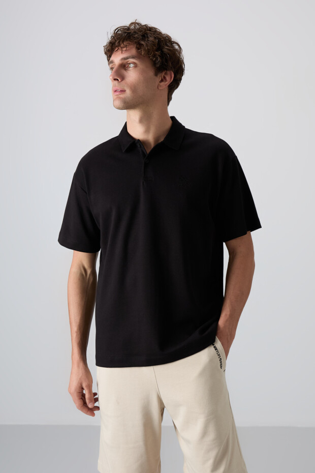 Siyah Pamuklu Kalın Yumuşak Dokulu Oversize Fit Basic Polo Yaka Erkek T-Shirt - 88327 - 4