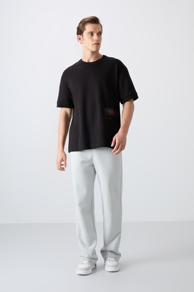 Siyah Pamuklu Kalın Yumuşak Dokulu Oversize Fit Baskılı Erkek T-Shirt - 88322 - 2