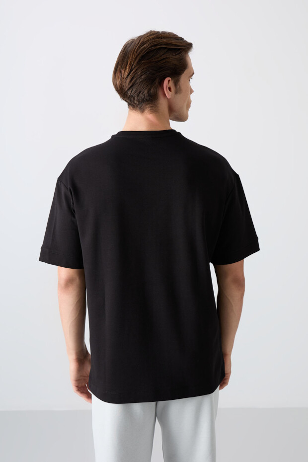 Siyah Pamuklu Kalın Yumuşak Dokulu Oversize Fit Baskılı Erkek T-Shirt - 88322 - 5
