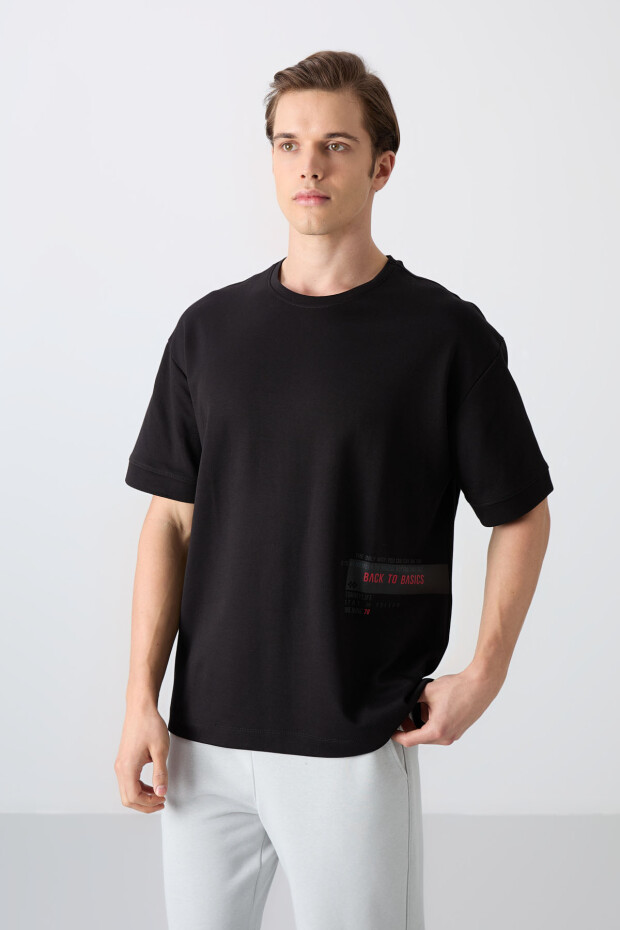Siyah Pamuklu Kalın Yumuşak Dokulu Oversize Fit Baskılı Erkek T-Shirt - 88322 - 4