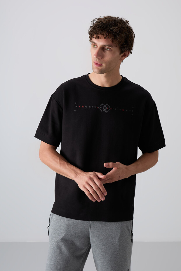 Siyah Pamuklu Kalın Yumuşak Dokulu Oversize Fit Baskılı Erkek T-Shirt - 88323 - 2