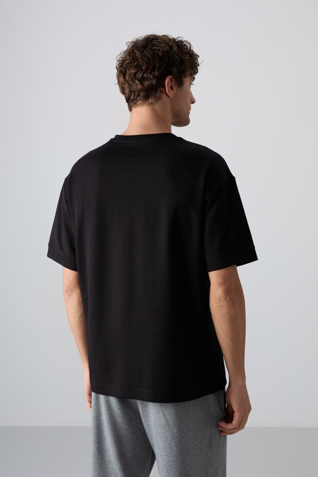 Siyah Pamuklu Kalın Yumuşak Dokulu Oversize Fit Baskılı Erkek T-Shirt - 88323 - 6