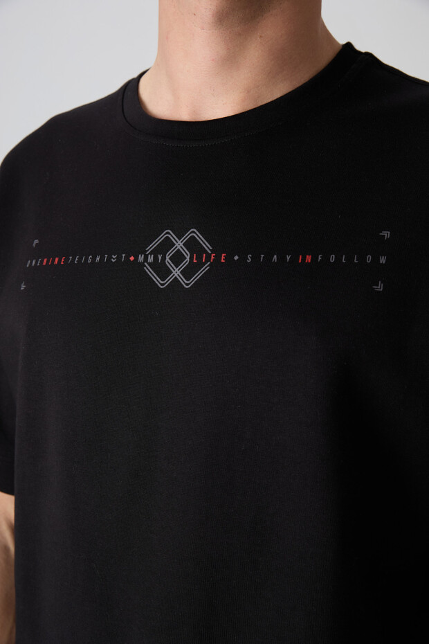 Siyah Pamuklu Kalın Yumuşak Dokulu Oversize Fit Baskılı Erkek T-Shirt - 88323 - 3