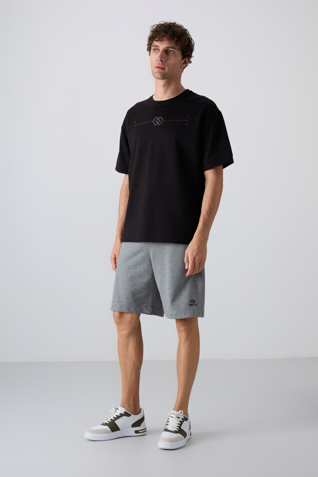 Siyah Pamuklu Kalın Yumuşak Dokulu Oversize Fit Baskılı Erkek T-Shirt - 88323 - 5