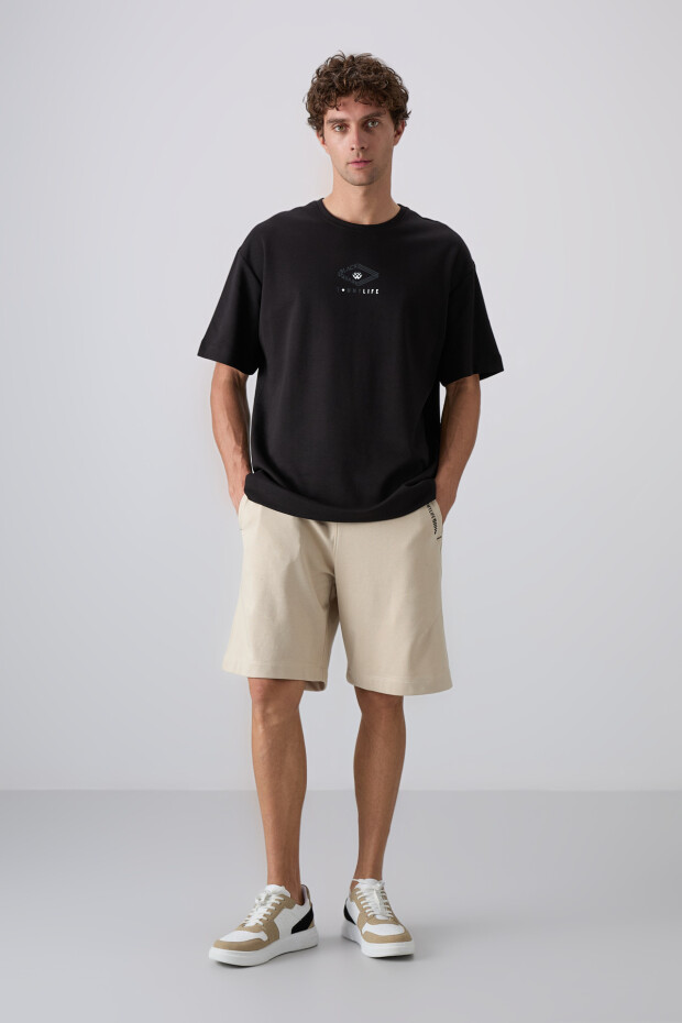 Siyah Pamuklu Kalın Yumuşak Dokulu Oversize Fit Baskılı Erkek T-Shirt - 88325 - 3