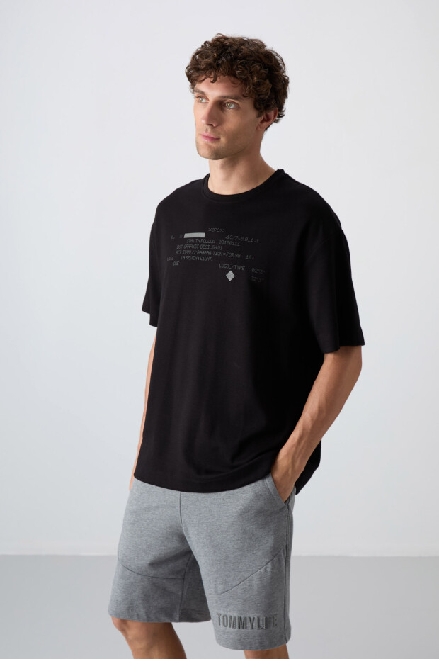 Siyah Pamuklu Kalın Yumuşak Dokulu Oversize Fit Baskılı Erkek T-Shirt - 88326 - 3