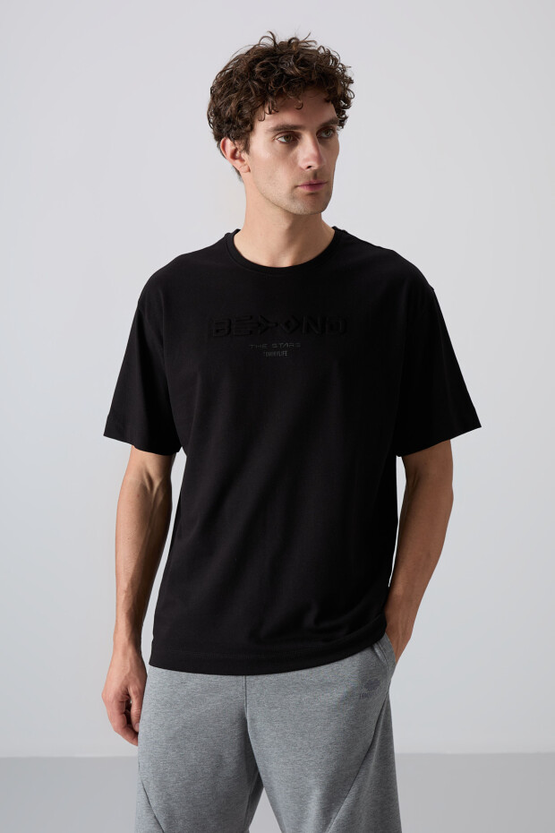 Siyah Pamuklu Kalın Yumuşak Dokulu Oversize Fit Baskılı Erkek T-Shirt - 88328 - 1