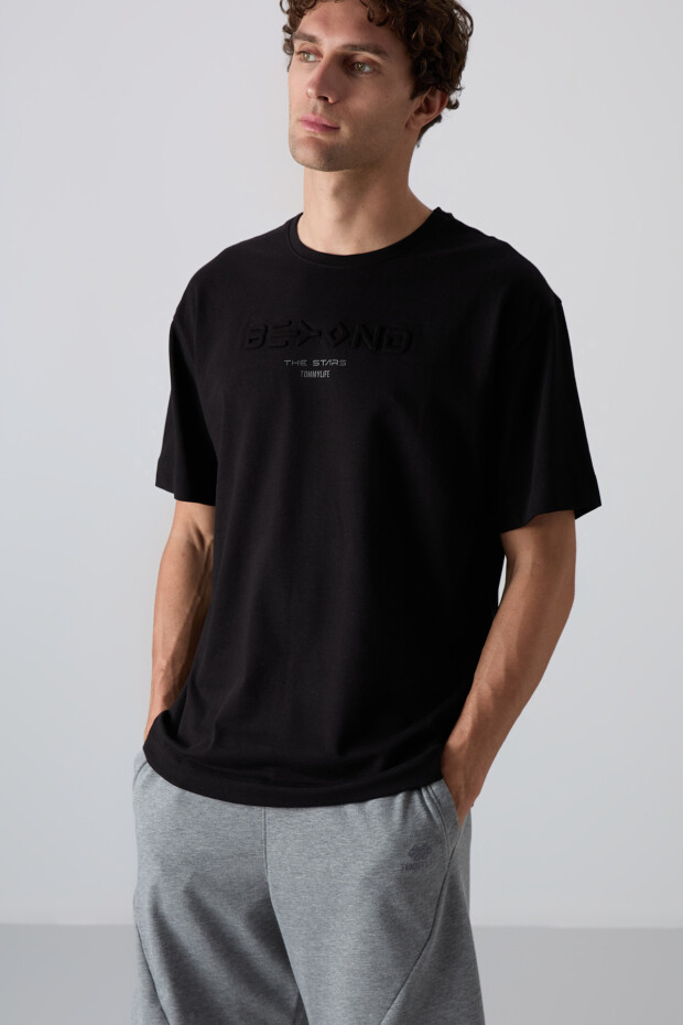 Siyah Pamuklu Kalın Yumuşak Dokulu Oversize Fit Baskılı Erkek T-Shirt - 88328 - 2