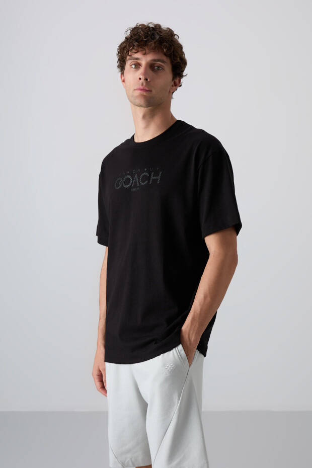 Siyah Pamuklu Kalın Yumuşak Dokulu Oversize Fit Baskılı Erkek T-Shirt - 88329 - 2