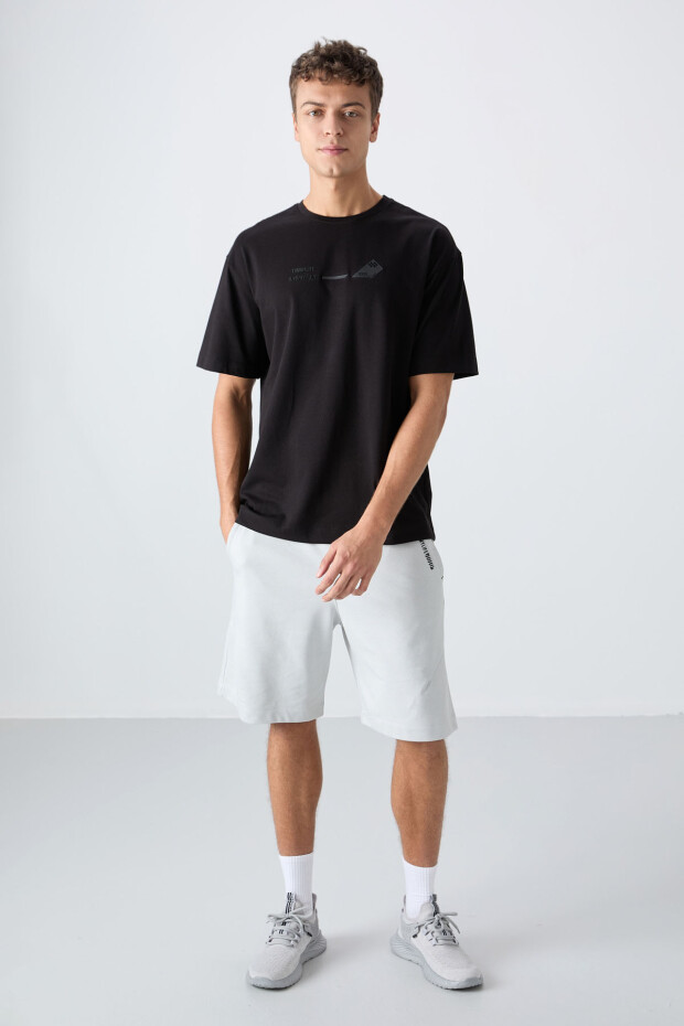 Siyah Pamuklu Kalın Yumuşak Dokulu Oversize Fit Baskılı Erkek T-Shirt - 88330 - 2