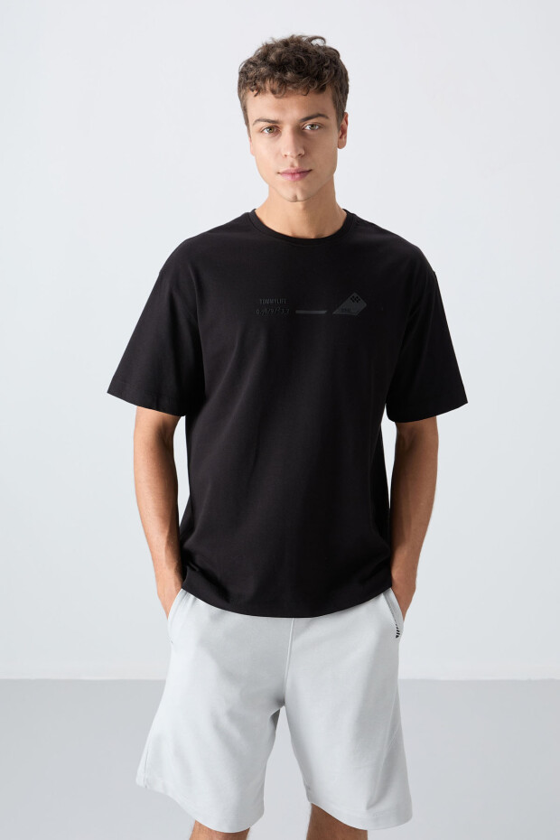 Siyah Pamuklu Kalın Yumuşak Dokulu Oversize Fit Baskılı Erkek T-Shirt - 88330 - 1