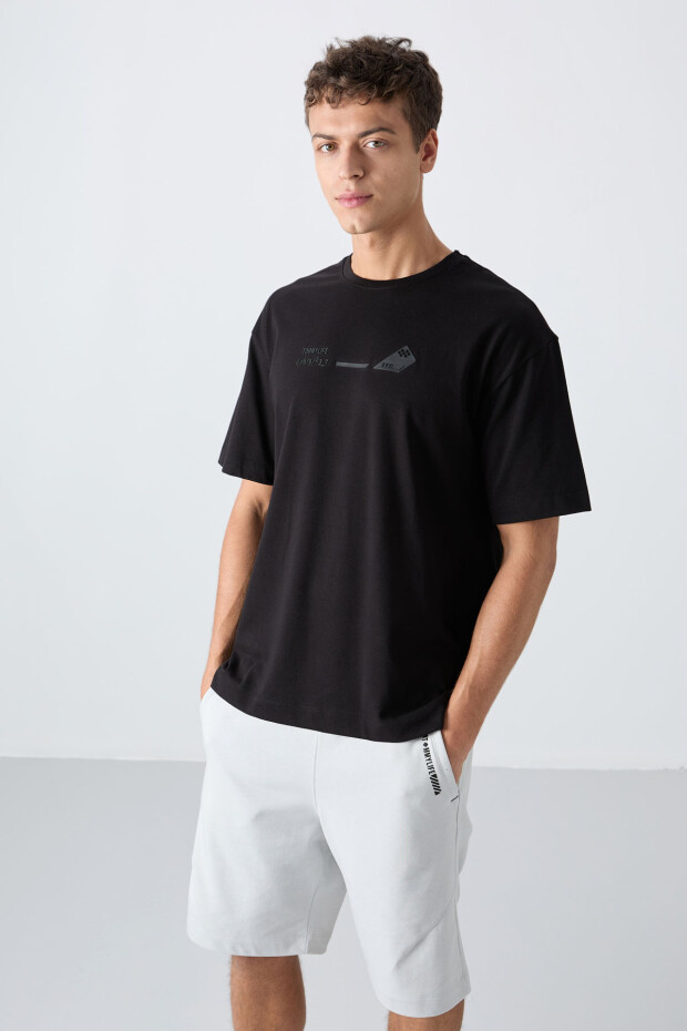 Siyah Pamuklu Kalın Yumuşak Dokulu Oversize Fit Baskılı Erkek T-Shirt - 88330 - 4