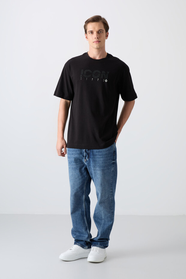 Siyah Pamuklu Kalın Yumuşak Dokulu Oversize Fit Baskılı Erkek T-Shirt - 88331 - 2