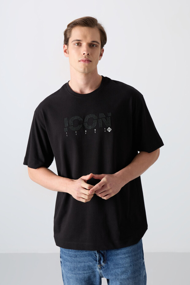 Siyah Pamuklu Kalın Yumuşak Dokulu Oversize Fit Baskılı Erkek T-Shirt - 88331 - 4