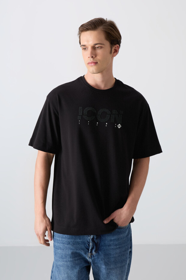 Siyah Pamuklu Kalın Yumuşak Dokulu Oversize Fit Baskılı Erkek T-Shirt - 88331 - 1
