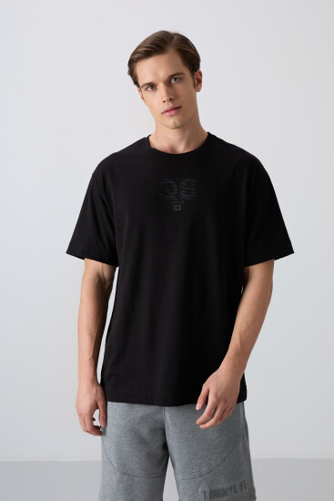 Siyah Pamuklu Kalın Yumuşak Dokulu Oversize Fit Baskılı Erkek T-Shirt - 88333 