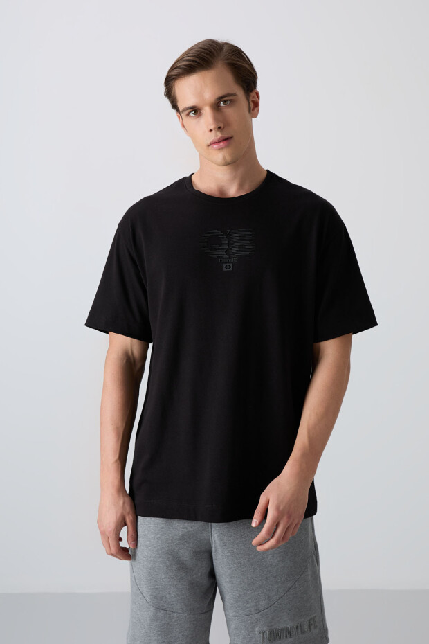 Siyah Pamuklu Kalın Yumuşak Dokulu Oversize Fit Baskılı Erkek T-Shirt - 88333 - 1