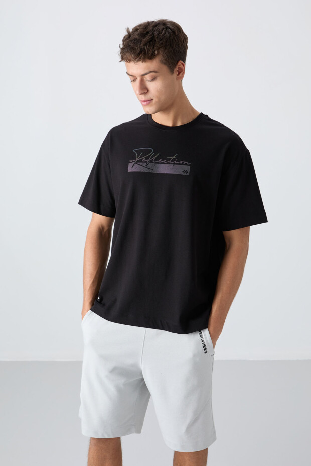 Siyah Pamuklu Kalın Yumuşak Dokulu Oversize Fit Baskılı Erkek T-Shirt - 88334 - 1