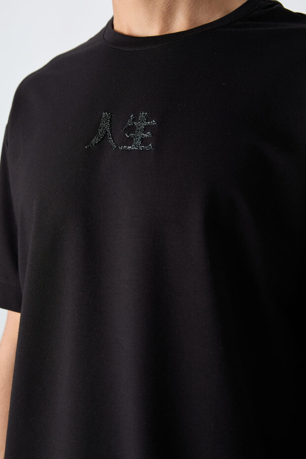 Siyah Pamuklu Kalın Yumuşak Dokulu Oversize Fit Baskılı Erkek T-Shirt - 88342 - 3